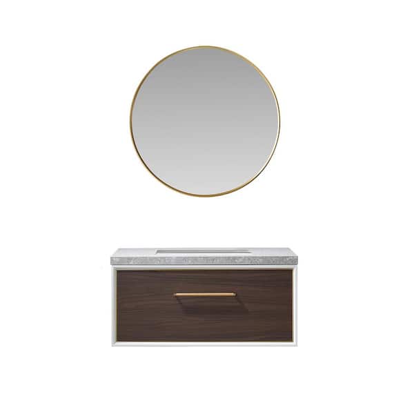 ROSWELL Capa 36 in. W x 22 in. D x 17.3 in. H Single Sink Bath Vanity in Dark Walnut with Grey Sintered Stone Top and Mirror