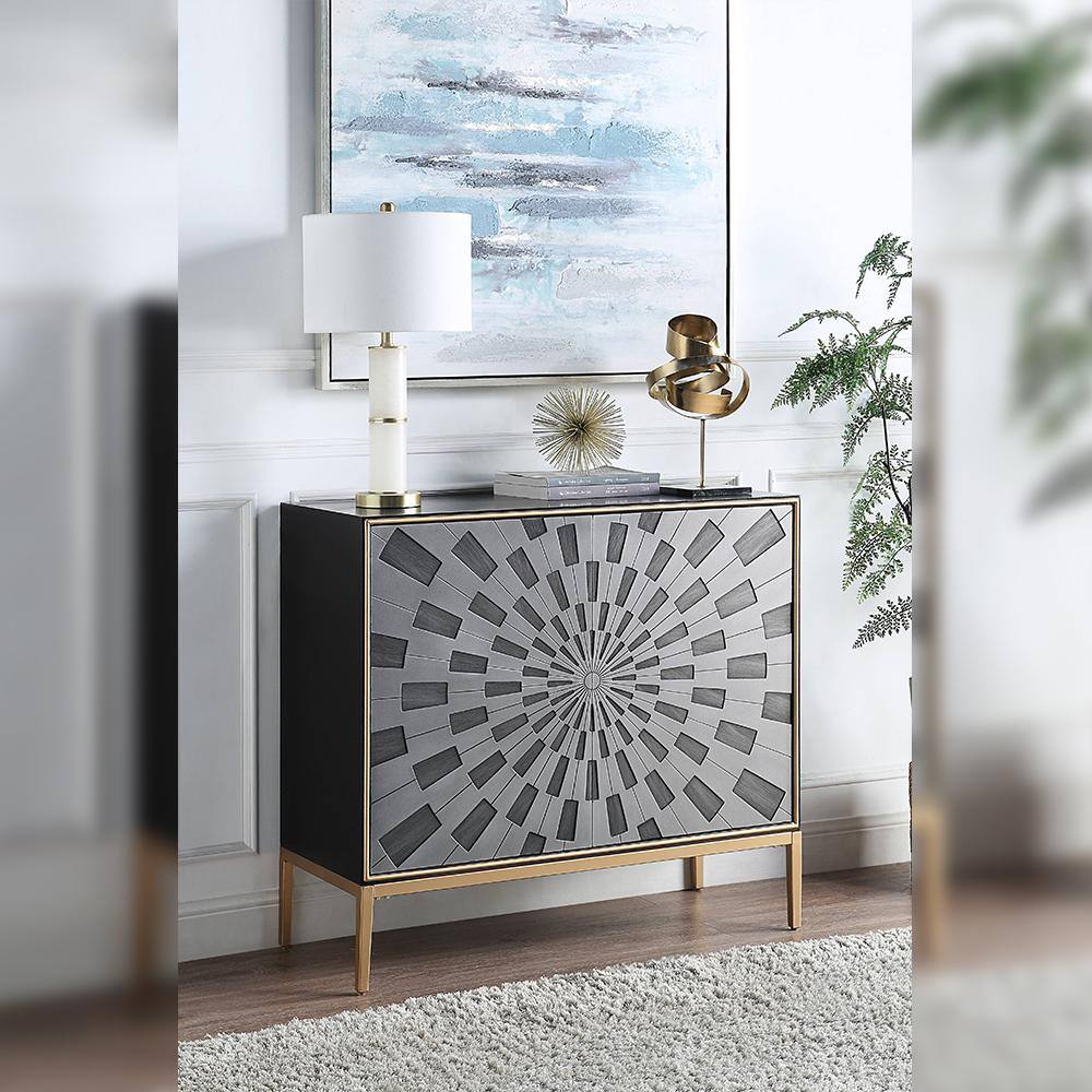 39" Black and Gray Wood Console Table with Brass Legs