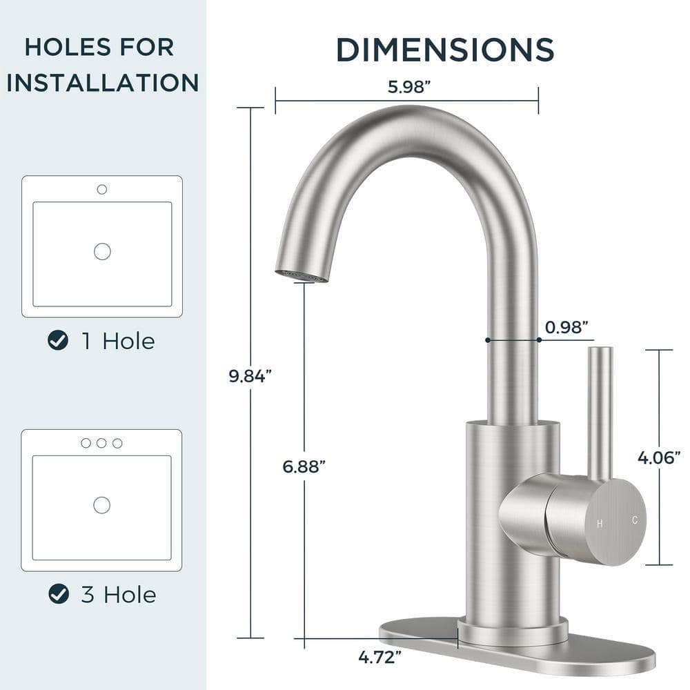 Brushed Nickel Single Handle High Arc Bathroom Faucet with Drain Kit