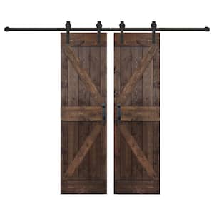 K Series 56 in. x 84 in. Coffee Finished DIY Solid Wood Double Sliding Barn Door with Hardware Kit