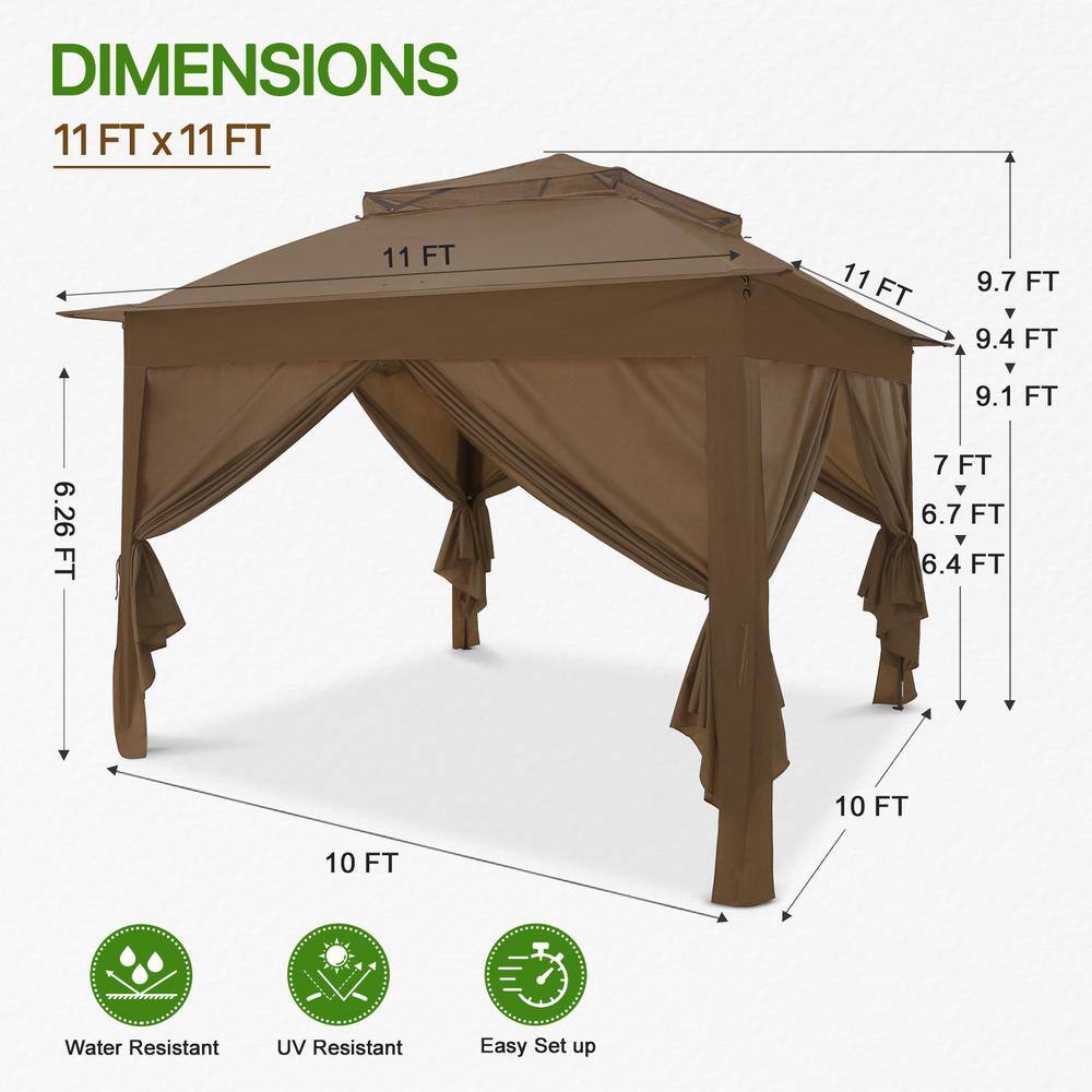Brown 11x11 Steel Frame Patio Gazebo with Sidewalls