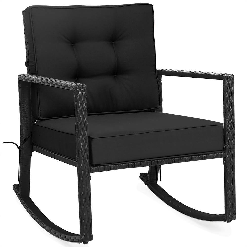 Costway Patio Rattan Rocker Chair Outdoor Glider Rocking Chair Cushion Lawn Black -  HW66722DK