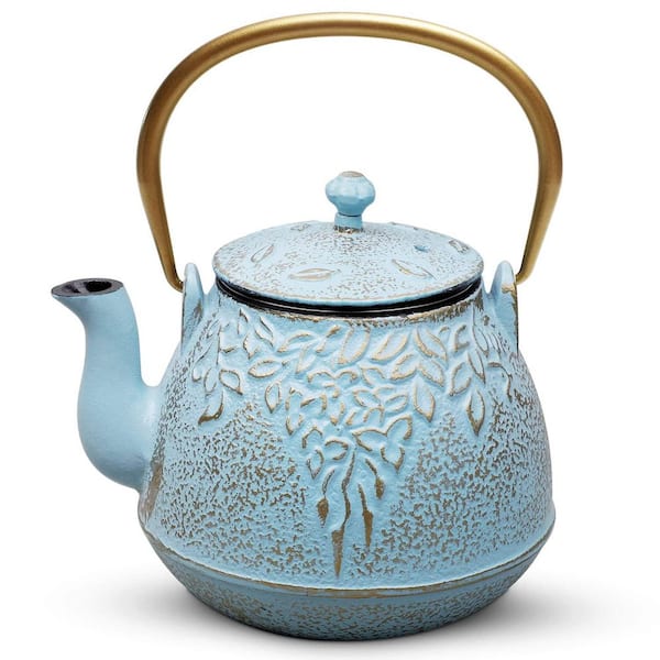 4-Cup Vintage Blue Enameled Cast Iron Teapot with Stainless Steel Infuser Tea Kettle Stovetop Safe for Brewing Tea