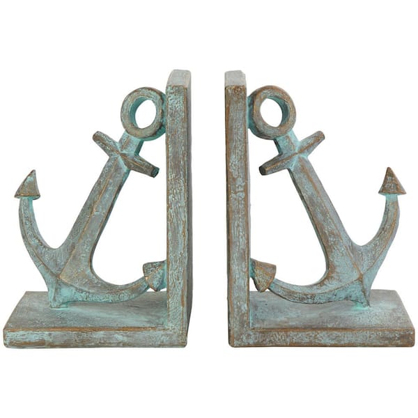 Blue Polystone Distressed Patina Anchor Bookends with Gold Foil Accents (Set of 2)