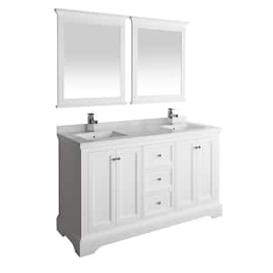 Windsor 60 in. W Traditional Double Bath Vanity in Matte White Quartz Stone Vanity Top in White White Basins and Mirrors