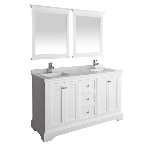 Fresca Windsor 60 in. W Traditional Double Bath Vanity in Matte White Quartz Stone Vanity Top in White White Basins and Mirrors