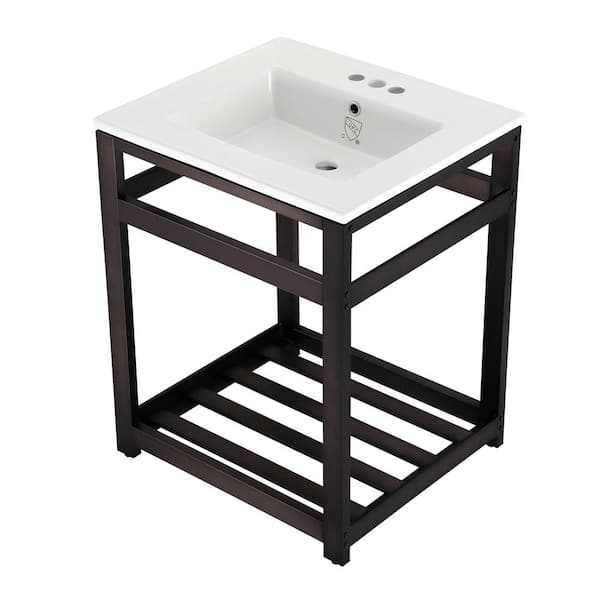 Kingston Brass 25 in. Ceramic Console Sink (4 in. in 3-Hole) with Stainless Steel Base in Oil Rubbed Bronze