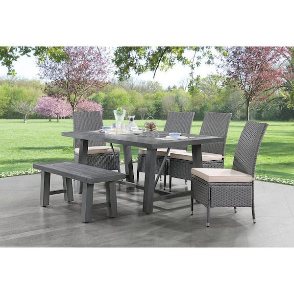 Best Quality Furniture Ernesto Grey 6 Piece Poly Wood Rectangle Standard Height Outdoor Dining Set with 4 Grey Cushions Chairs And 1 Bench D1000D6 The Home Depot