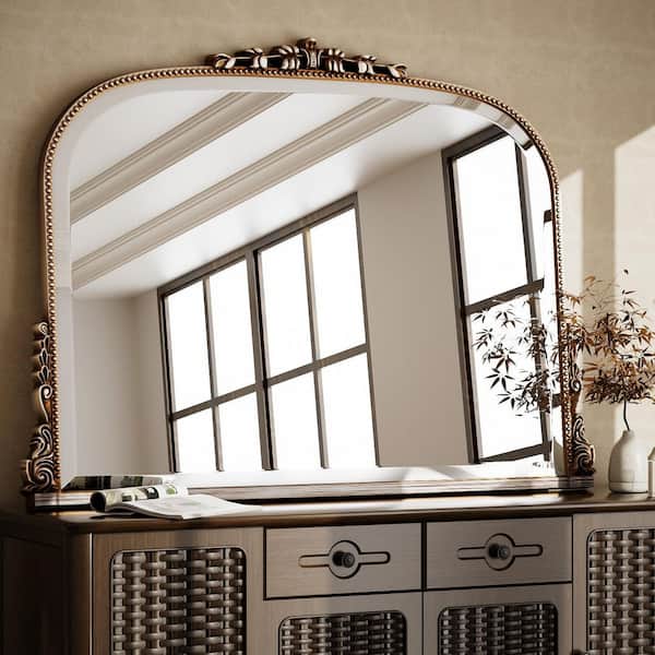 XRAMFY Antique Silver 44 in. W x 32 in. H Arched Polyurethane Framed with Decoration Antique Vanity Wall Mirror