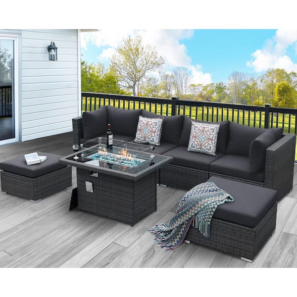 Gray 7 Piece Wicker Patio Conversation Set Deep Sectional Seating Set Charcoal Cushions with Ottoman and Firepit Table