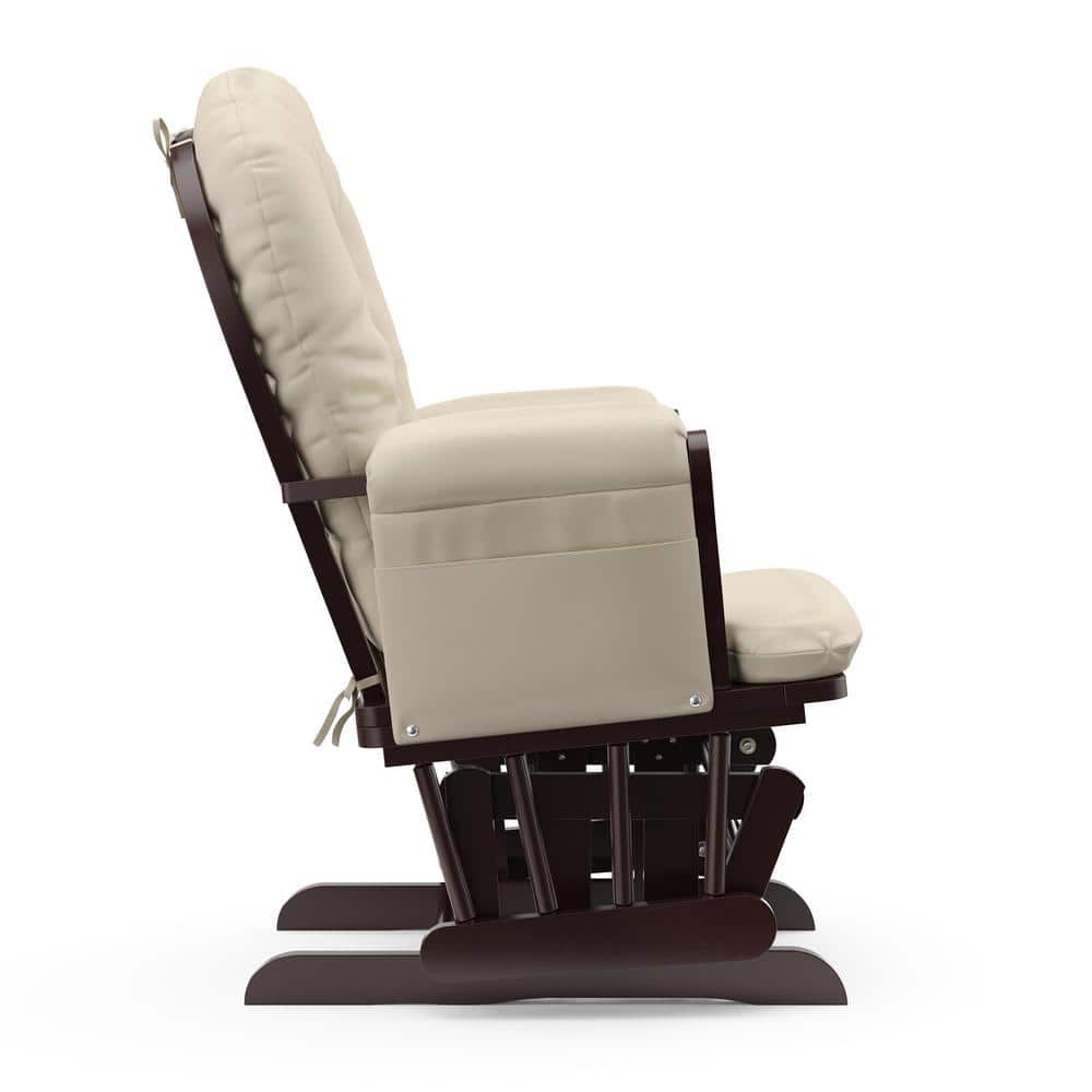 Espresso Wood Glider Chair and Ottoman with Beige Cushions