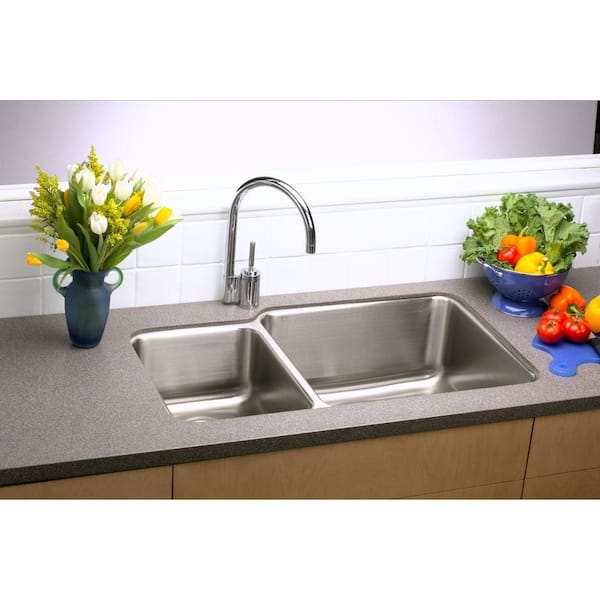 Lustertone Classic Stainless Steel 35-1/4 in. x 20-1/2 in. x 9-7/8 in. Offset 40/60 Double Bowl Undermount Sink