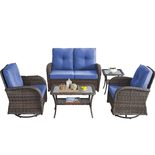 5-Piece Wicker Patio Conversation Set with Blue Cushions