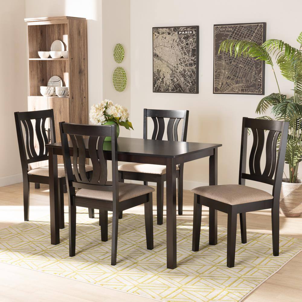 Fenton Dark Brown Wood and Sand Fabric 5-Piece Dining Set