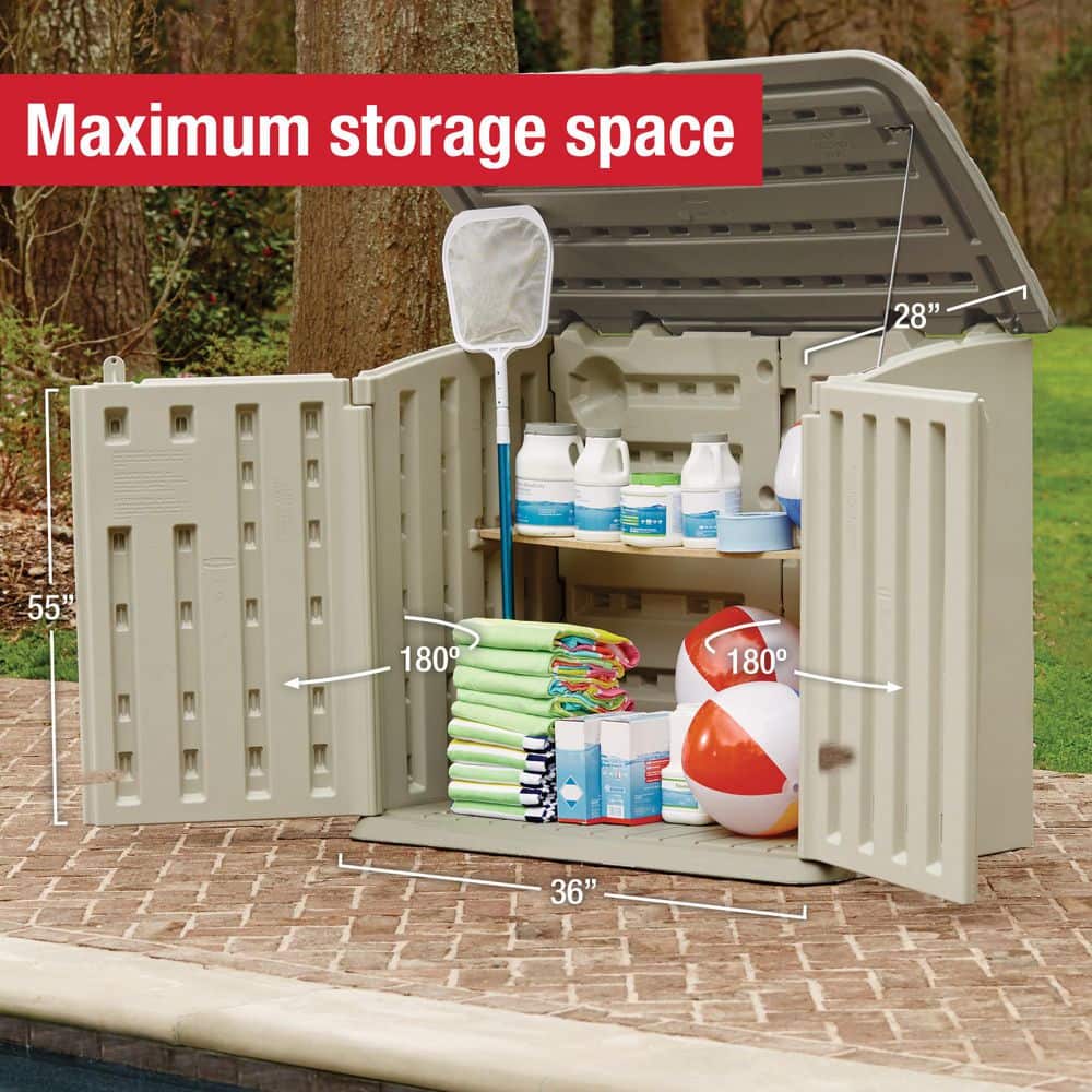 Beige and Gray Resin Horizontal Storage Shed with Shelving