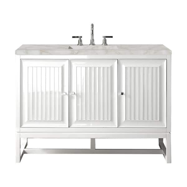 James Martin Vanities Athens 48.0 in. W x 23.5 in. D x 34.5 in. H Single Bathroom Vanity Glossy White and Victorian Silver Quartz Top