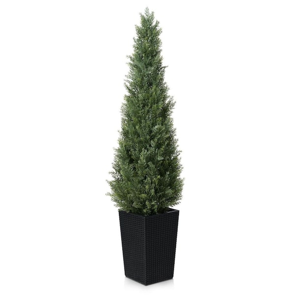 DR.Planzen 5 ft. Artificial Indoor/Outdoor Topiary Cedar Tree with Black Planter, Fake UV Resistant Potted Plants