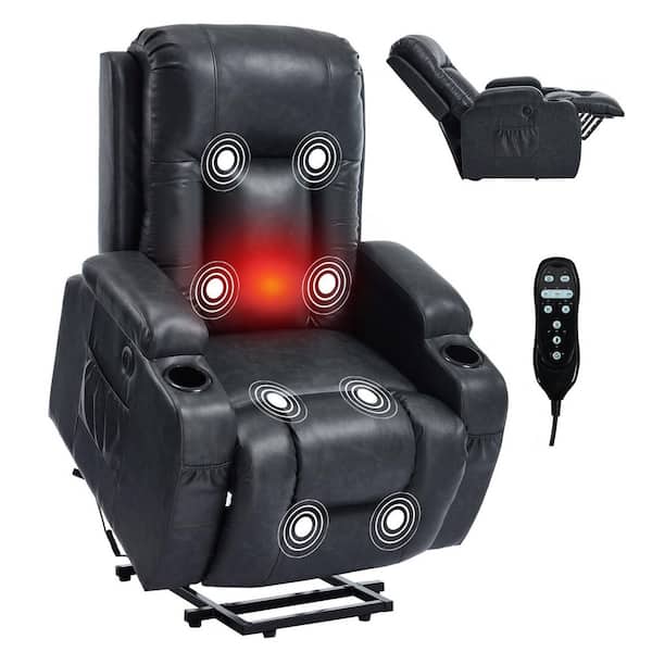 PU Leather Power Lift Recliner Chair with Massage & Heat, Grey Recliners with USB and Type C Ports, 2 Steel Cup Holders