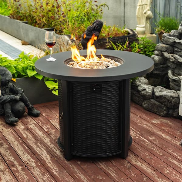 Unbranded 32 in. Round Steel Outdoor Fire Pit Table with Steel Lid and Lava Rocks