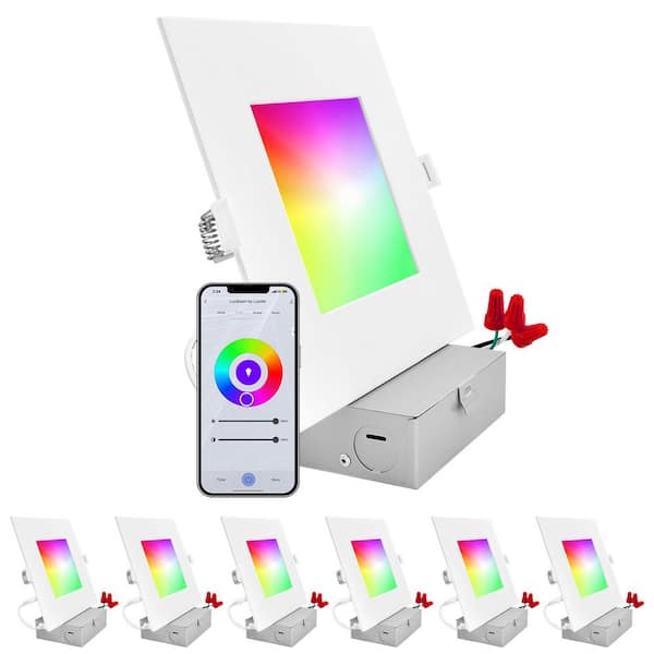 LUXRITE 6 in. Smart Square Integrated LED Recessed Light RGBW Color Changing WiFi Compatible with Alexa and Google Home (6-Pack)