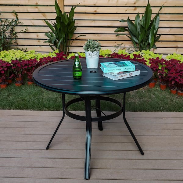 Phi Villa Black Slat Round Metal Patio Outdoor Dining Table With 1 57 In Umbrella Hole Thd E02gf119 Phi Villa Black Slat Round Metal Patio, Black Metal Garden Table Round