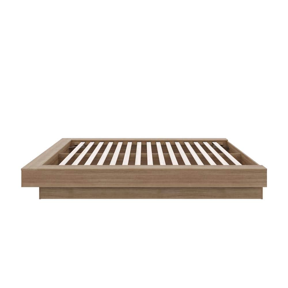 Natural Oak Queen Upholstered Platform Bed Frame