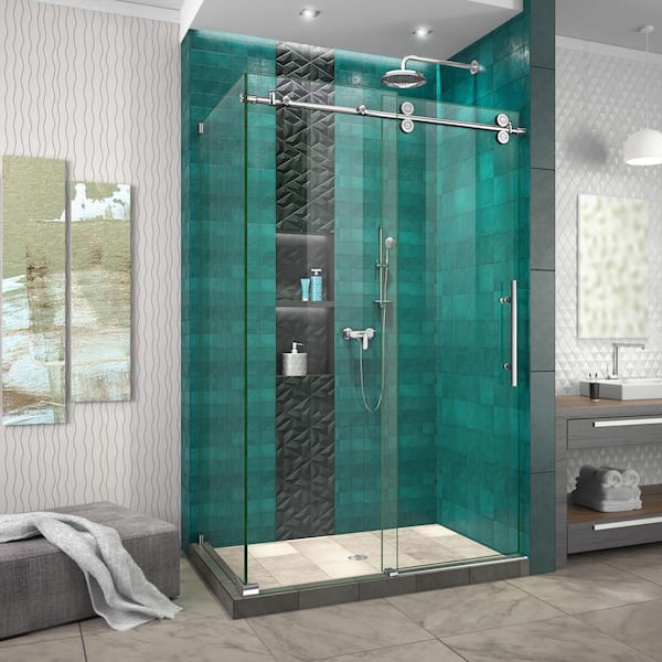 DreamLine Enigma - XO 44 -3/8 - 48 -3/8 in. W x 76 in. H Fully Frameless Sliding Shower Enclosure in Polished Stainless Steel