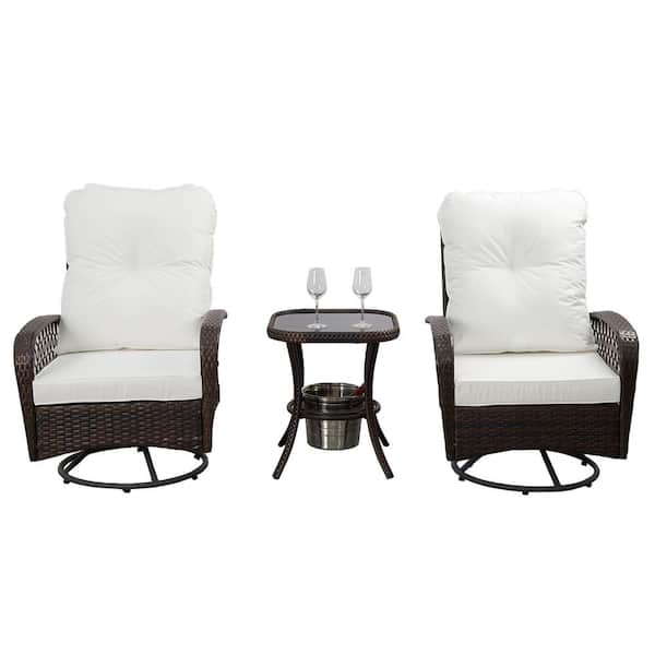 PATIOPTION 3-Piece Patio Furniture Sets, Wicker Outdoor Bistro Set with Cushion and Ice Bucket Tempered Glass Top Table (Swivel)