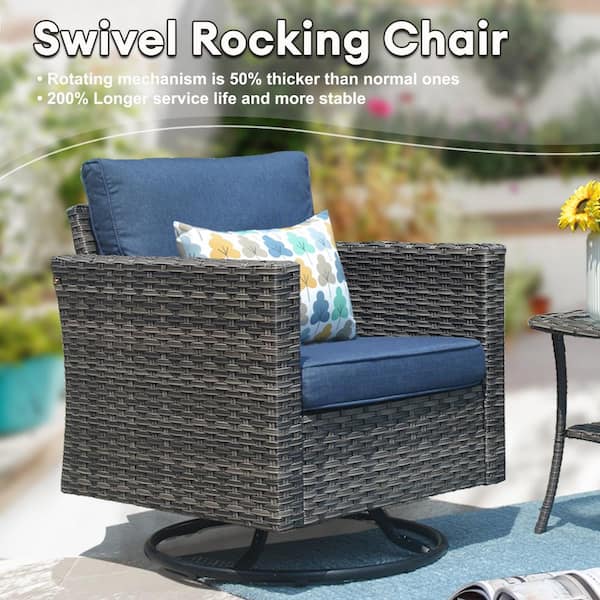 XIZZI - Michigan 6-Piece Wicker Outdoor Patio Fire Pit Seating Sofa Set and with Denim Blue Cushions and Swivel Rocking Chairs