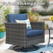 Michigan 6-Piece Wicker Outdoor Patio Fire Pit Seating Sofa Set and with Denim Blue Cushions and Swivel Rocking Chairs