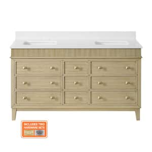 Danby 60 in. W x 22 in. D x 35 in. H Double Sink Bath Vanity in Platinum Oak Finish with Engineered White Marble Top