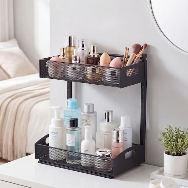 Under Sink Organizer, 2 Pack 2-Tier with 4-Level Height Adjustment, Multi-Purpose Cabinet Organizers and Storage, Black