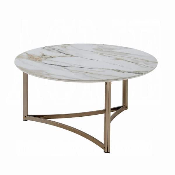 Benjara Acor 35 in. White and Gold Round Stone Coffee Table with Frame