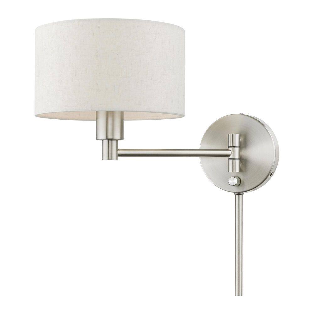 Transitional Brushed Nickel Swing Arm Wall Lamp with Oatmeal Fabric Shade