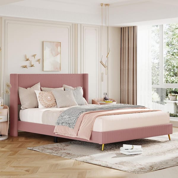 URTR Pink Wood Frame Queen Size Corduroy Upholstered Platform Bed with Metal Legs, Platform Bed With Headboard and Footboard