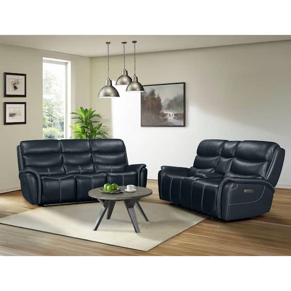 Picket House Furnishings Florin 81 in. Navy Solid Polyester Power Motion Loveseat with Power Headrest and Console Seats 2