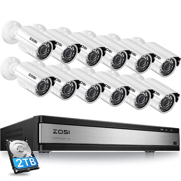 ZOSI 16-Channel 1080p 2TB DVR Security Camera System with 12 Wired Bullet Cameras White