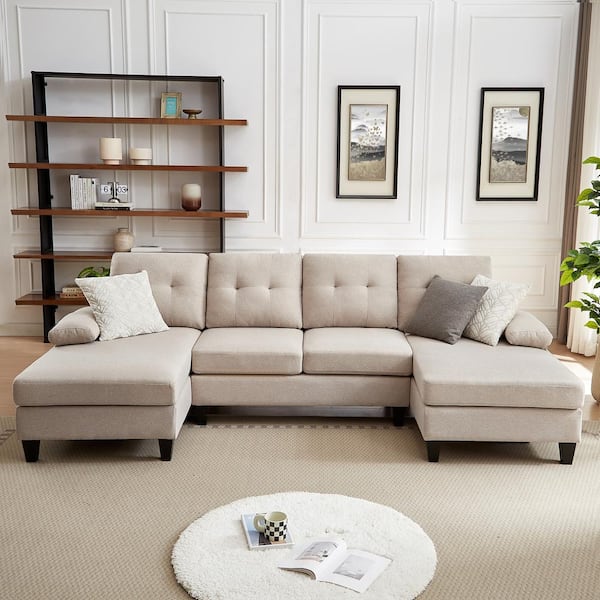 111.03 in. W Pillow Top Arms 4-Seat U-Shaped Fabric Modern Sectional Sofa in Beige with Double Chaise
