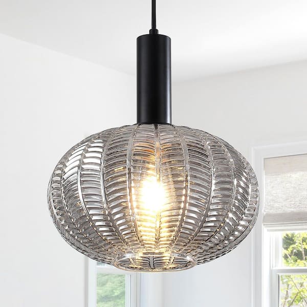 1-Light Modern Black & Smoke Gray Spherical Hanging Pendant Light with Textured Glass Shade