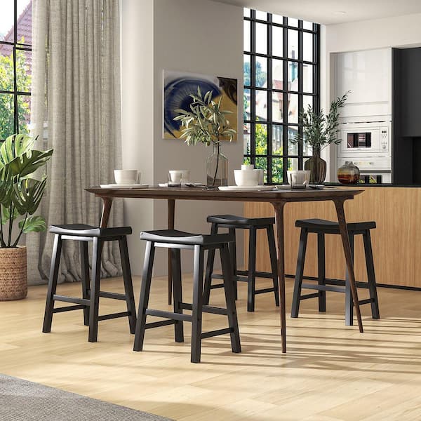 24 in. Black Set of 4 Saddle Bar Stools Counter Height Dining Chairs with Wooden Legs