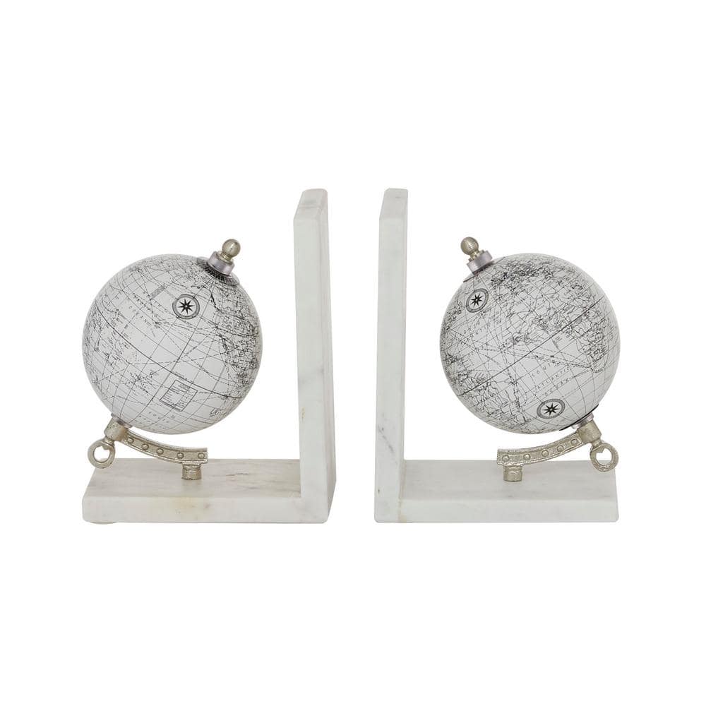 White Marble Globe Bookends with Silver Metal Accents, Set of 2