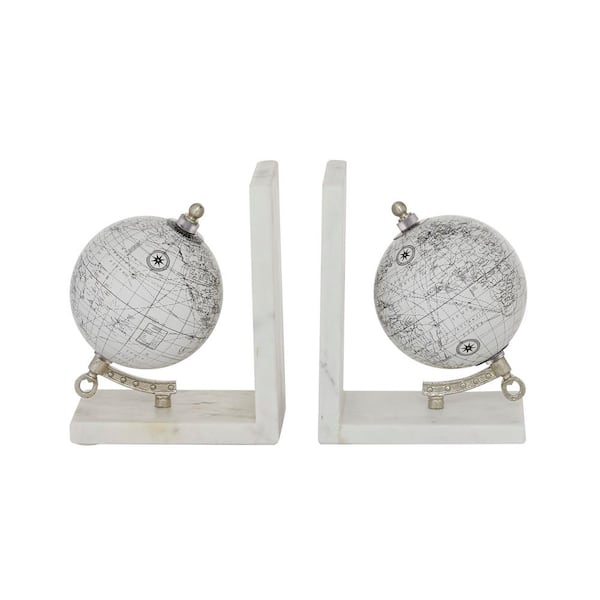 White Marble Globe Bookends with Marble Bases (Set of 2)