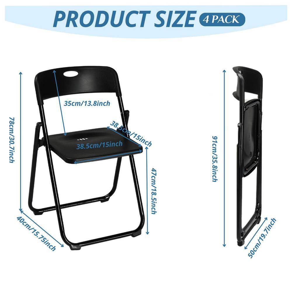 Black Plastic Folding Chairs with Metal Frame, Set of 4
