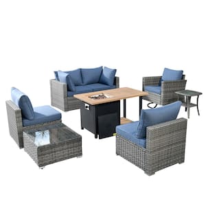 Daffodil Y Gray 8-Piece Wicker Patio Storage Fire Pit Conversation Set with Swivel Rocking Chair and Denim Blue Cushions