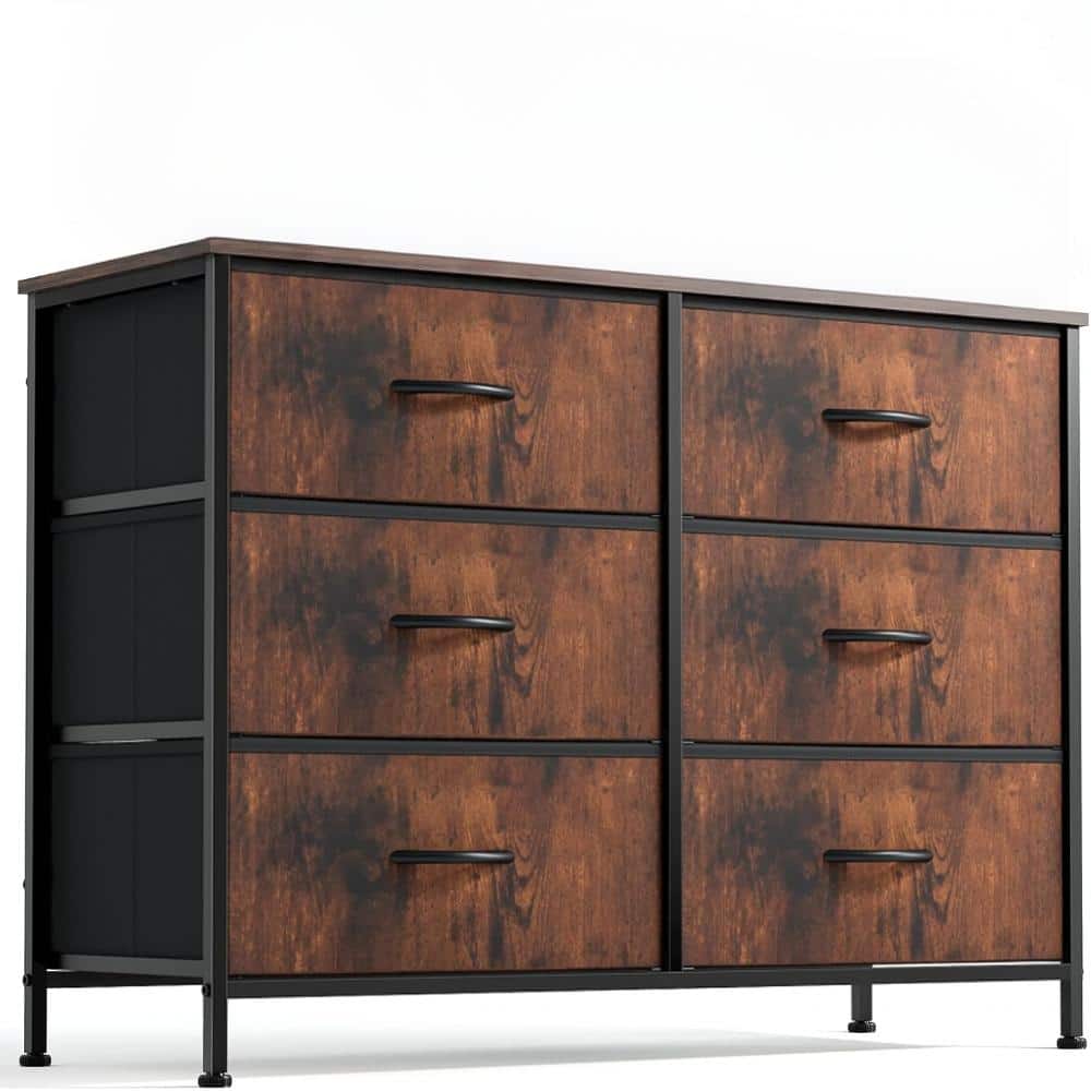 Industrial Rust Brown 6 Drawers 38.2 in. Wide Dresser Fabric Storage Chest with Wooden Top for Bedroom