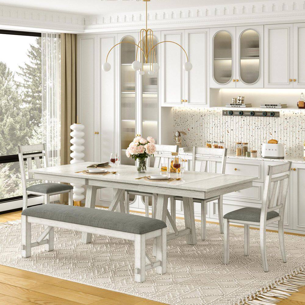 6-Piece Gray Extendable Dining Table Set with 4-Cross-Back Chairs and Upholstered Bench, Wood Kitchen Table Set for 6