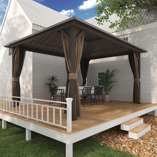 12 ft. x 14 ft. Aluminum Hardtop Gazebo with Double Galvanized Steel Roof, Netting and Curtains for Patio and Backyard