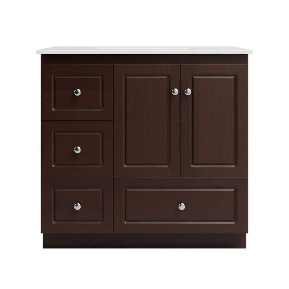 Ultraline 37 in. W x 22 in. D x 35 in. H Vanity with Left Drawers in Dark Alder with Ceramic Vanity Top in White price history on PriceWatchPro