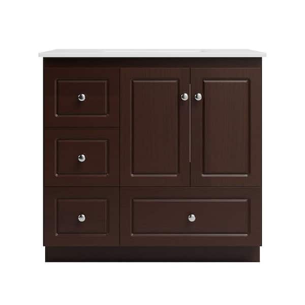 Ultraline 37 in. W x 22 in. D x 35 in. H Vanity with Left Drawers in Dark Alder with Ceramic Vanity Top in White