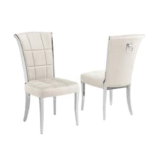Alondra Cream Velvet Fabric Side Chairs Set of 2 With Chrome Legs And Back Ring Handle